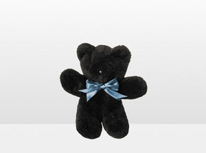 Kids Black Sheepskin Basil Bear Small with Blue Ribbon