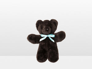 Kids Chocolate Sheepskin Basil Bear Small with Blue Ribbon