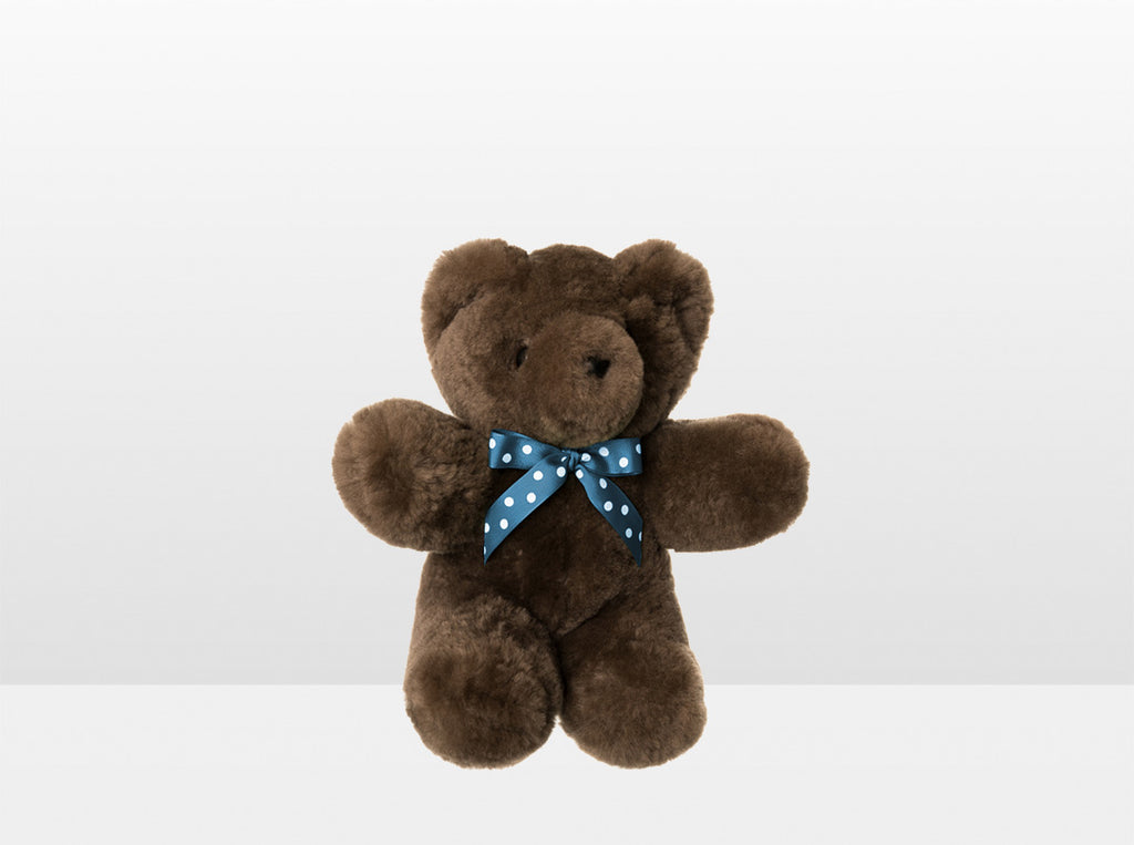 Kids Latte Sheepskin Basil Bear Small with Blue Ribbon