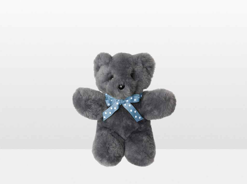 Kids Mid Grey Sheepskin Basil Bear Small with Blue Ribbon