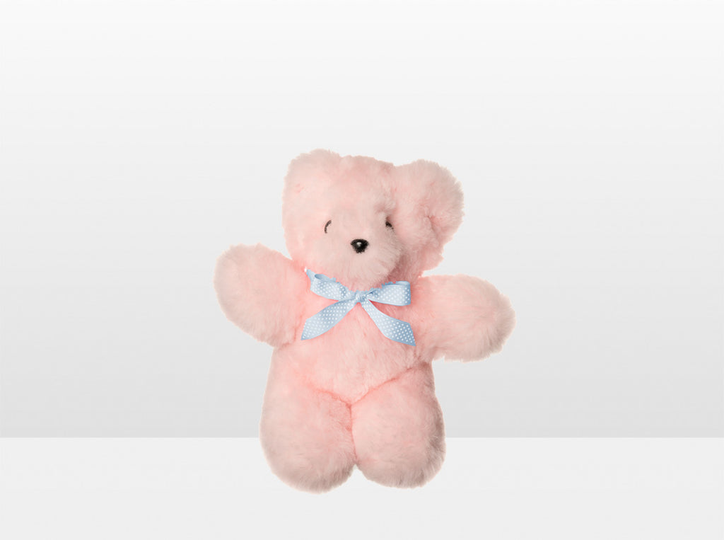 Kids Pink Sheepskin Basil Bear Small with Blue Ribbon