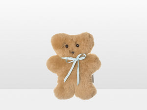 Kids Honey Sheepskin Flat Bear with Blue Ribbon