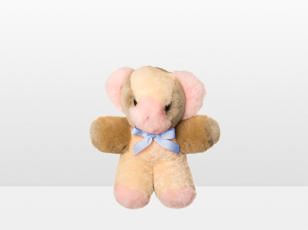 Kids Pink Patch Sheepskin Toby Bear Small with Blue Ribbon